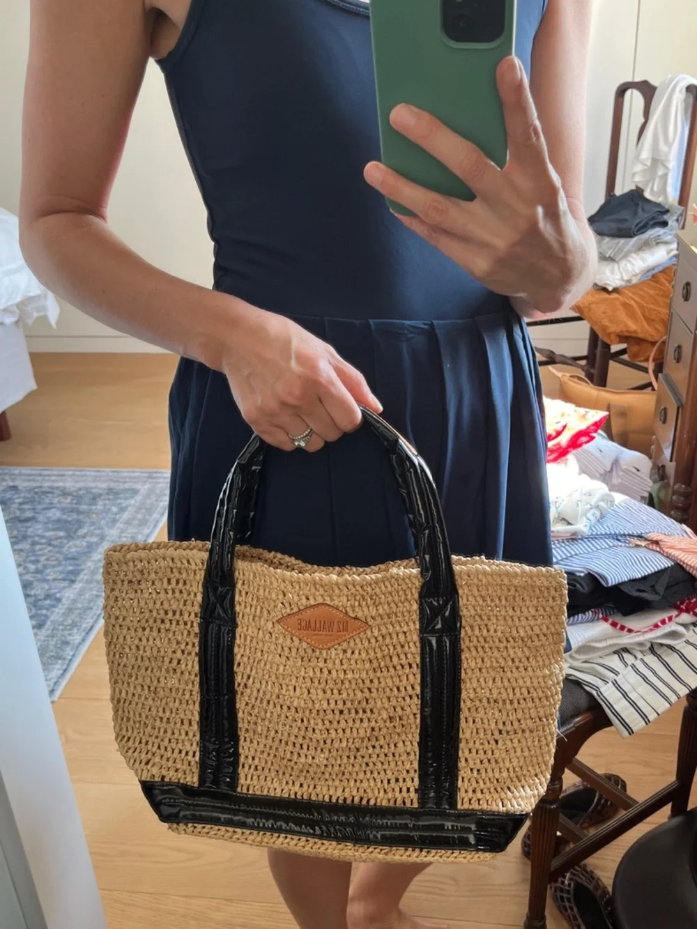 MZ Wallace Natural Straw Tote with Black Patent Trim